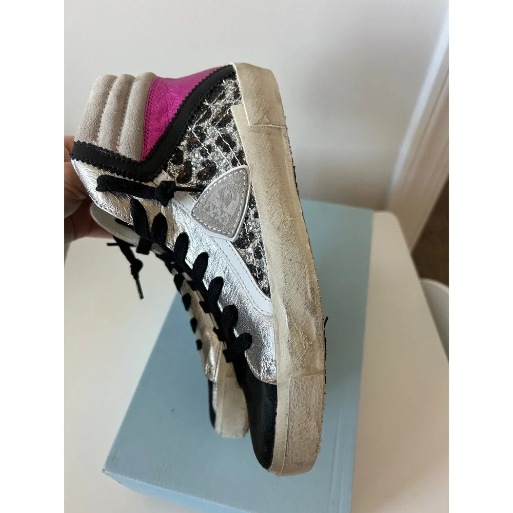 Philippe Model Paris PRSX High Woman Glitter Leo Metal‎ Argent Rose Sneakers 38